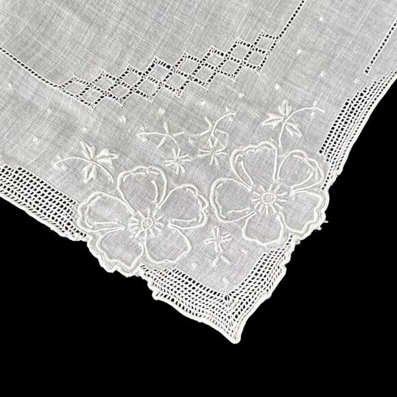 Handkerchief White On White Flowers Embroidery Vintage Open Cutwork Cotton 11.5" - Picture 1 of 9